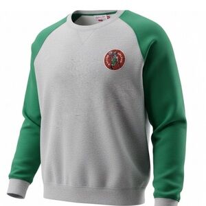 Mitchell & Ness Gray Crewneck Sweater with Green Raglan Sleeves